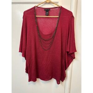 New York & Company Red Linen Blend Poncho Knit Top‎ Multi Chain Neck Womens L